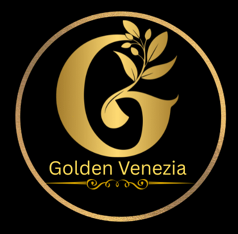 Golden Venezia logo with a golden "G" and olive branch on black background